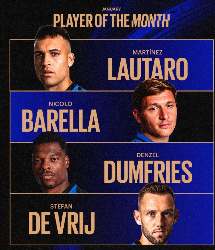  國米官方1月最佳球員候選：勞塔羅8場8球2助領(lǐng)銜，鄧弗里斯在列