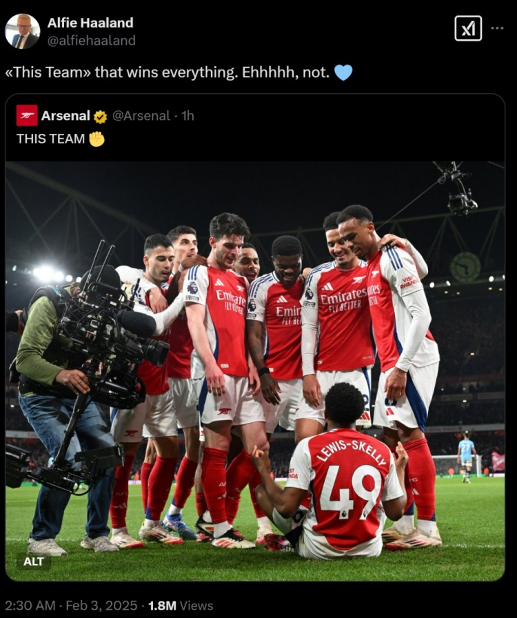  老哈蘭德轉(zhuǎn)發(fā)斯凱利模仿兒子慶祝照：這個(gè)隊(duì)贏得了一切？額，沒有