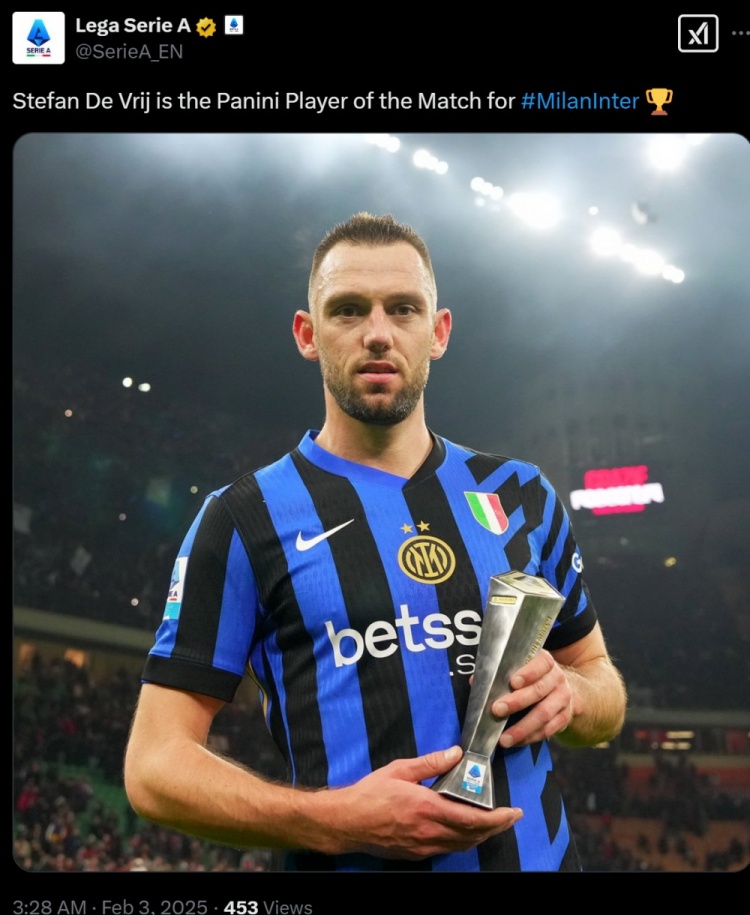  打進(jìn)絕平球！意甲官方：德弗里當(dāng)選國(guó)米1-1米蘭全場(chǎng)最佳球員