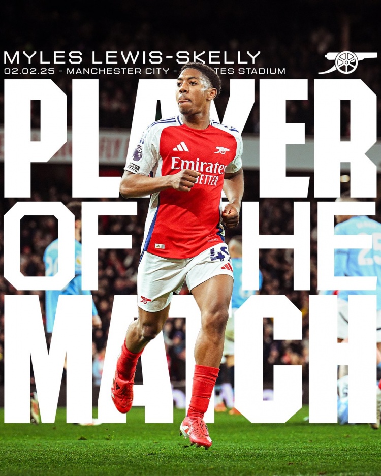  ?斬獲槍手首球！阿森納官方：18歲斯凱利當選5-1曼城隊內最佳