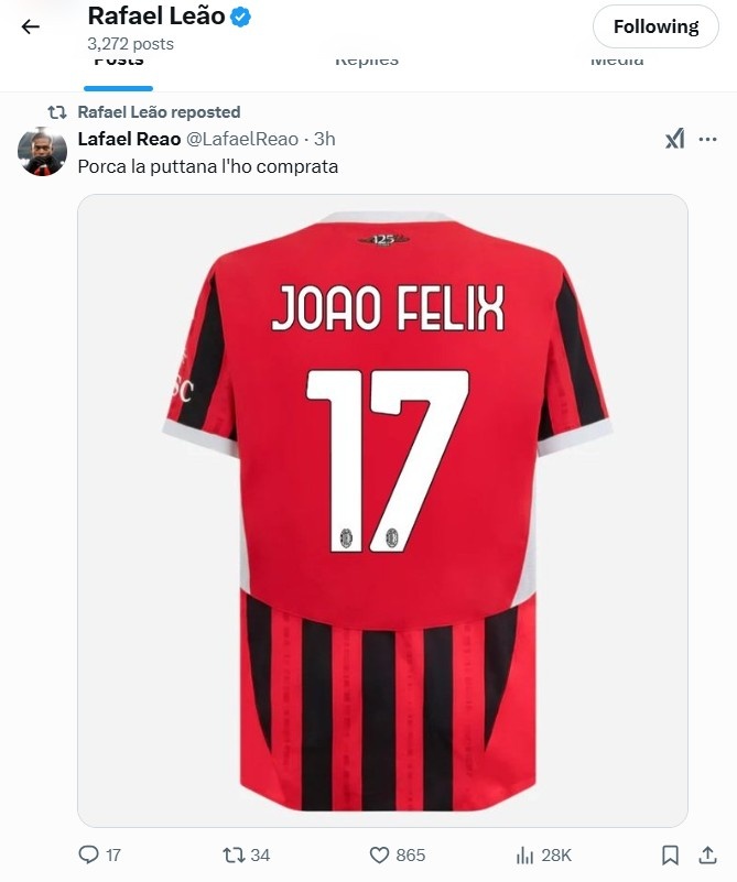  隊友宣？萊奧本人轉(zhuǎn)發(fā)了菲利克斯米蘭17號球衣的動態(tài)