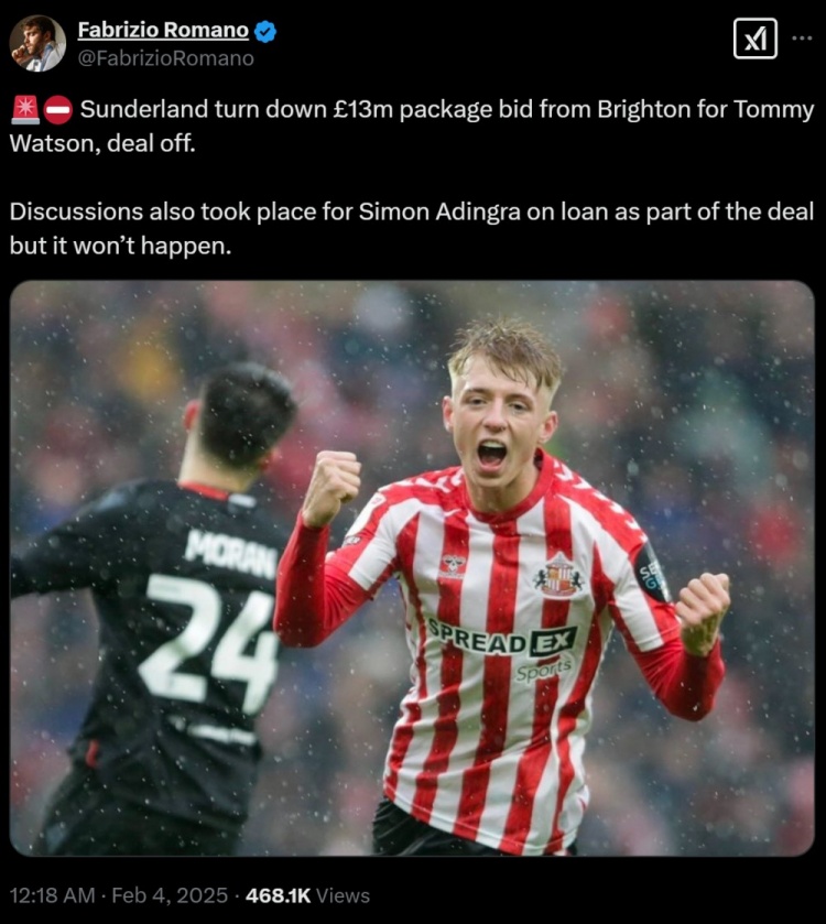  羅馬諾：布萊頓1300萬(wàn)鎊報(bào)價(jià)18歲邊鋒沃特森，遭到桑德蘭拒絕