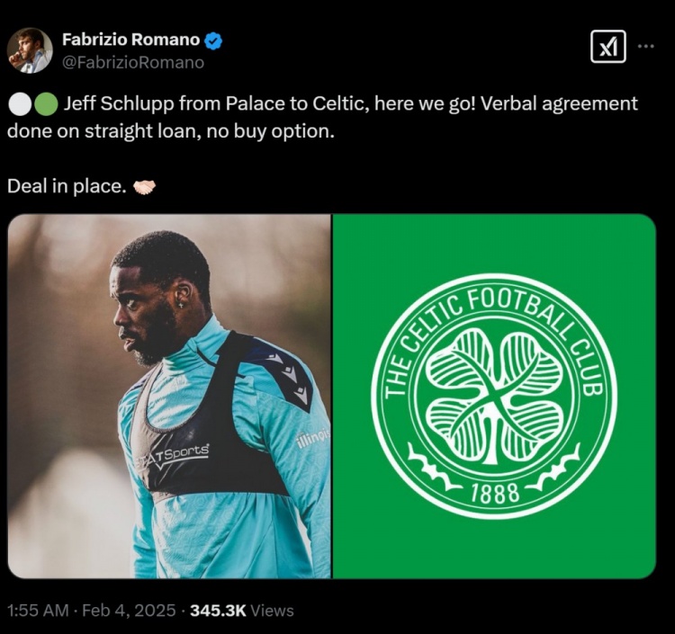  Here we go！羅馬諾：水晶宮中場施魯普租借凱爾特人，無買斷條款