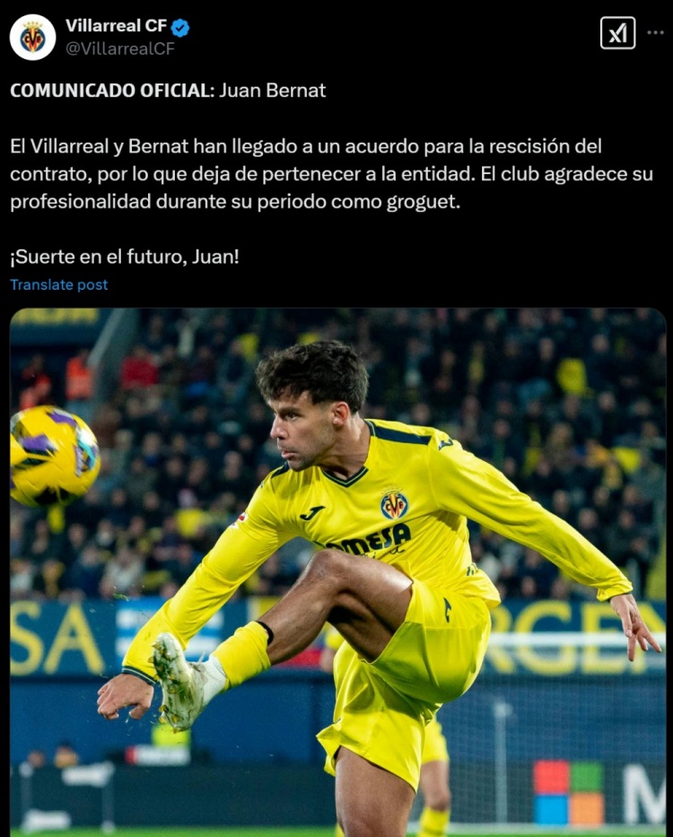  官方：比利亞雷亞爾和貝爾納特提前終止租借合同，球員恢復(fù)自由身