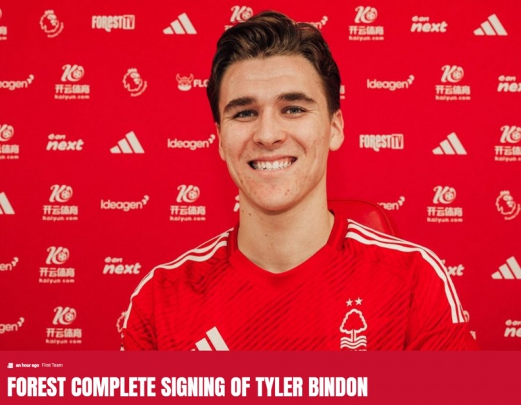  官方：諾丁漢森林簽雷丁20歲后衛(wèi)賓登，球員回租至本賽季結(jié)束