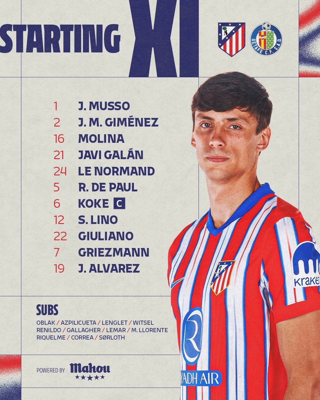  馬競(jìng)vs赫塔費(fèi)首發(fā)公布：穆索出戰(zhàn)，格列茲曼、阿爾瓦雷斯先發(fā)