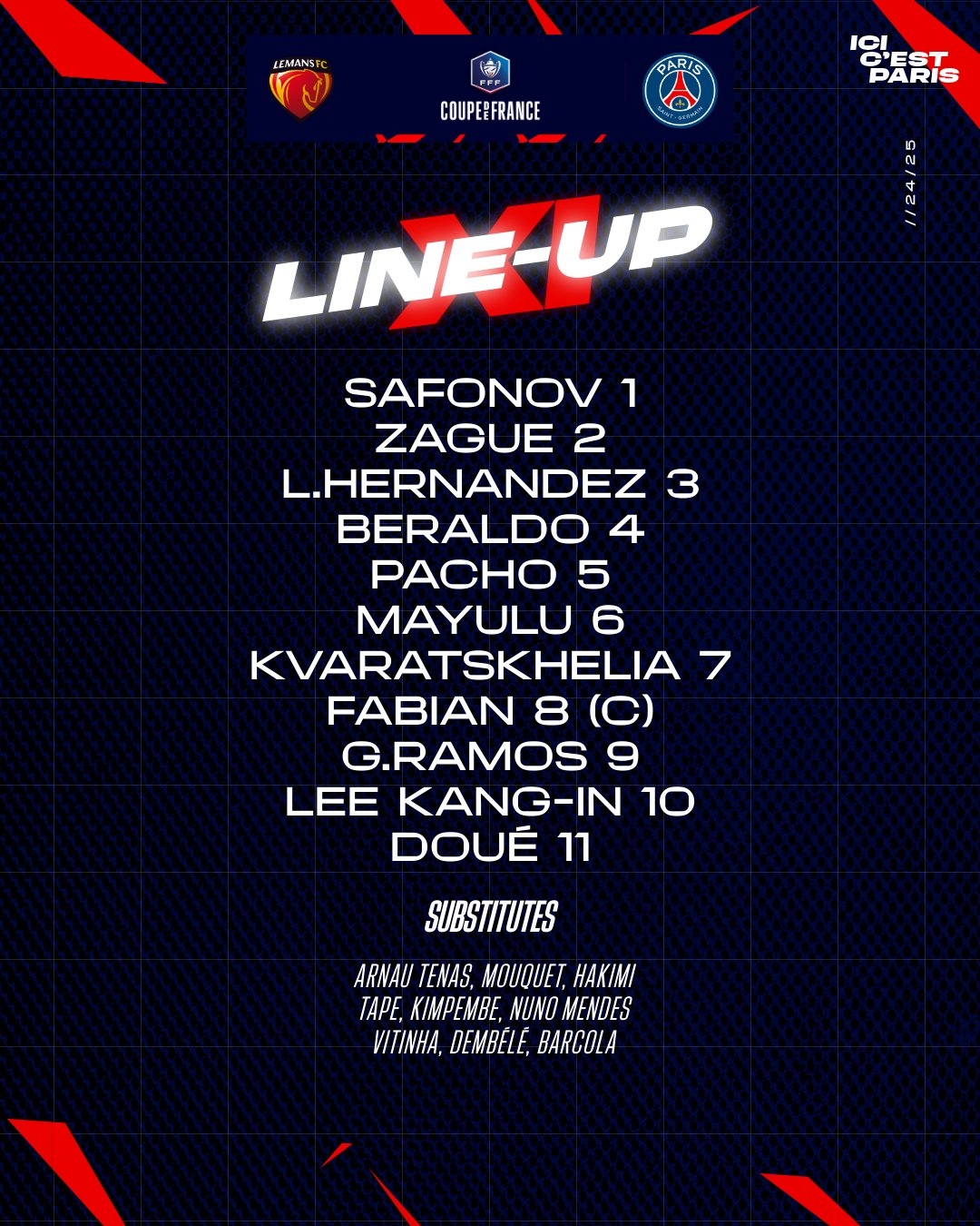  巴黎法國杯首發(fā)：克瓦拉茨赫利亞領銜，法比安、李剛仁出戰(zhàn)