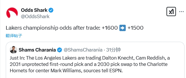  博彩網站轉發(fā)湖人交易得到馬威：奪冠賠率從+1600升至+1500