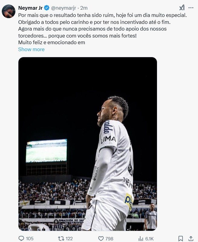  內馬爾社媒：我很高興也很興奮能回歸桑托斯，我會盡我最大努力