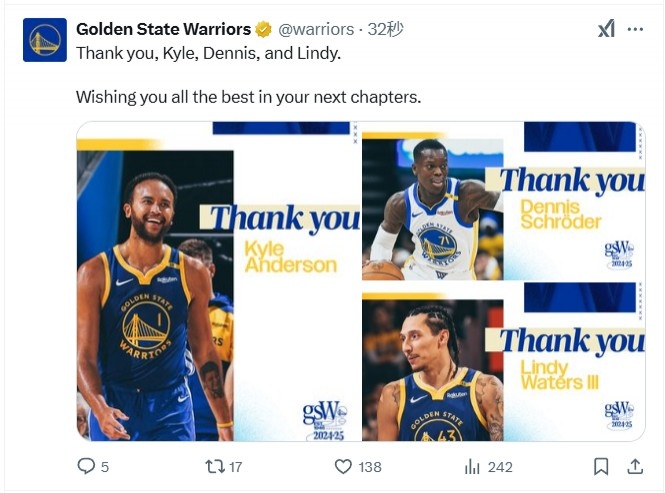  勇士官推向李凱爾、施羅德、沃特斯致謝：祝你們未來一切順利！
