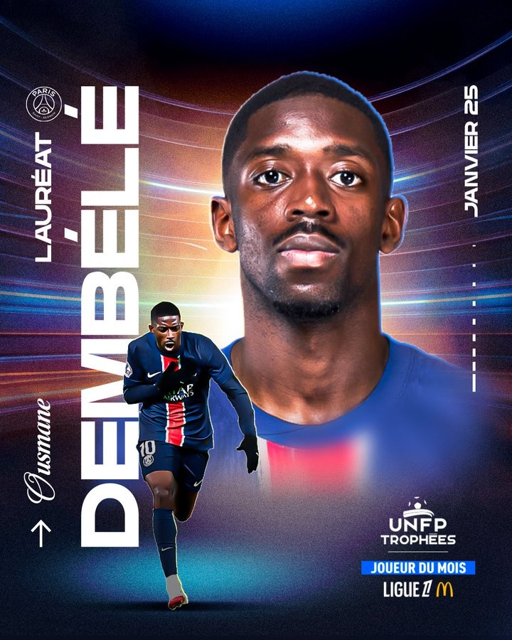  2場(chǎng)3球，登貝萊當(dāng)選法甲1月最佳球員！賽季至今27場(chǎng)21球6助