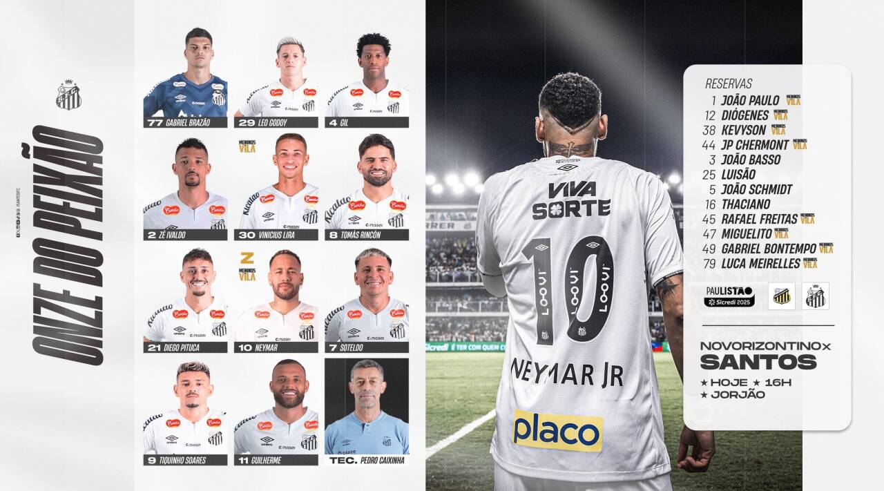  桑托斯本輪圣保羅州聯(lián)賽首發(fā)：內(nèi)馬爾領(lǐng)銜，吉爾在列
