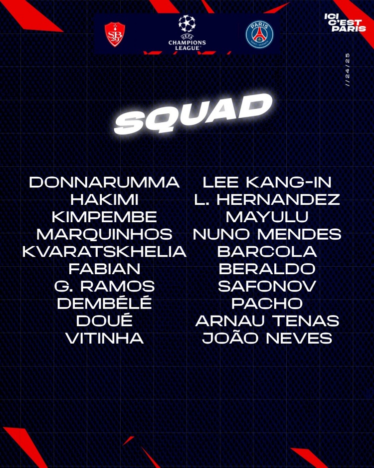  巴黎歐冠客戰(zhàn)布雷斯特名單：登貝萊、K77、內維斯、阿什拉夫在列