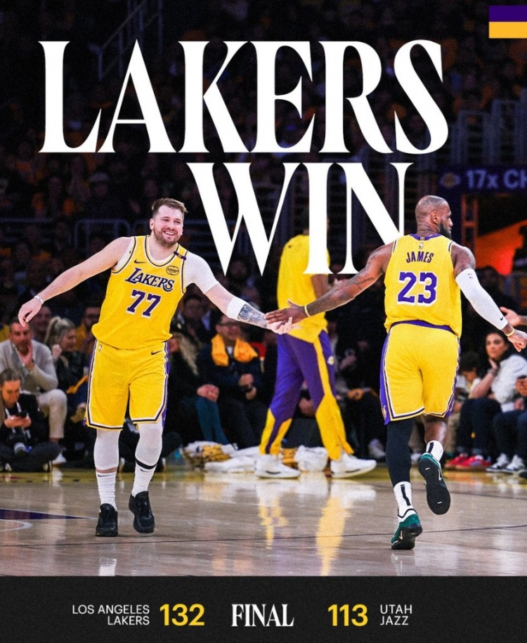  六連勝啦！東契奇和詹姆斯共同登上湖人官方贏球海報(bào)