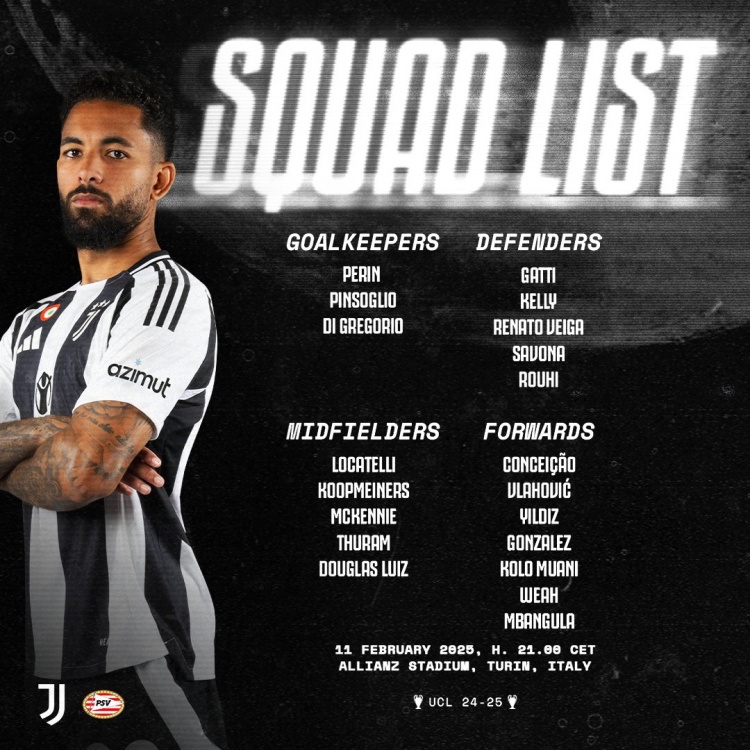  尤文歐冠對陣埃因霍溫大名單：弗拉霍維奇、穆阿尼、凱利在列
