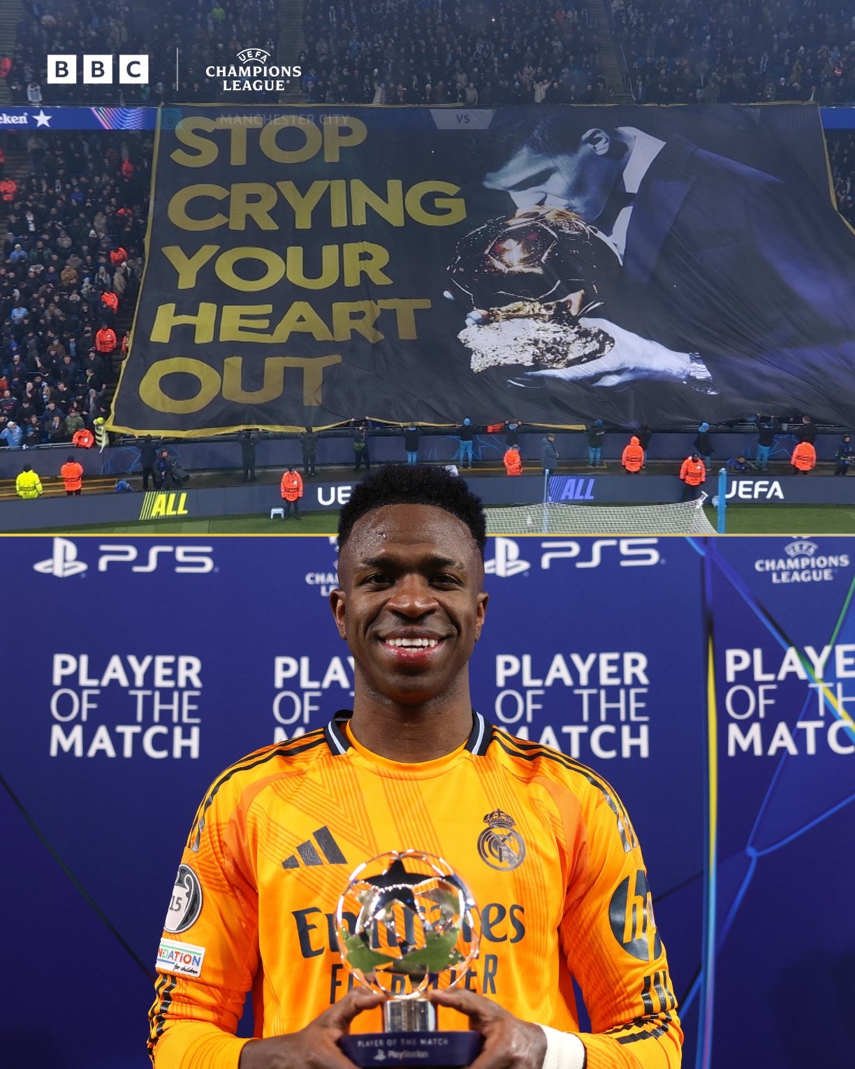  表現(xiàn)回應(yīng)！曼城球迷橫幅嘲諷維尼修斯，后者送絕殺助攻+當(dāng)選MVP