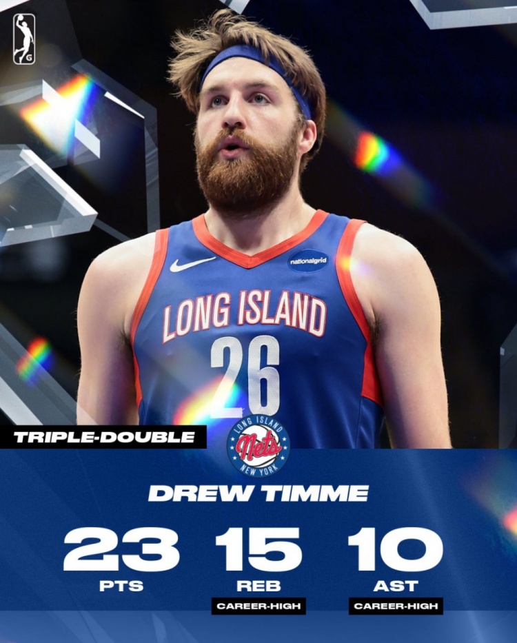  古典中鋒！德魯-蒂米在G聯(lián)盟19中7砍23分15板10助 生涯首次三雙