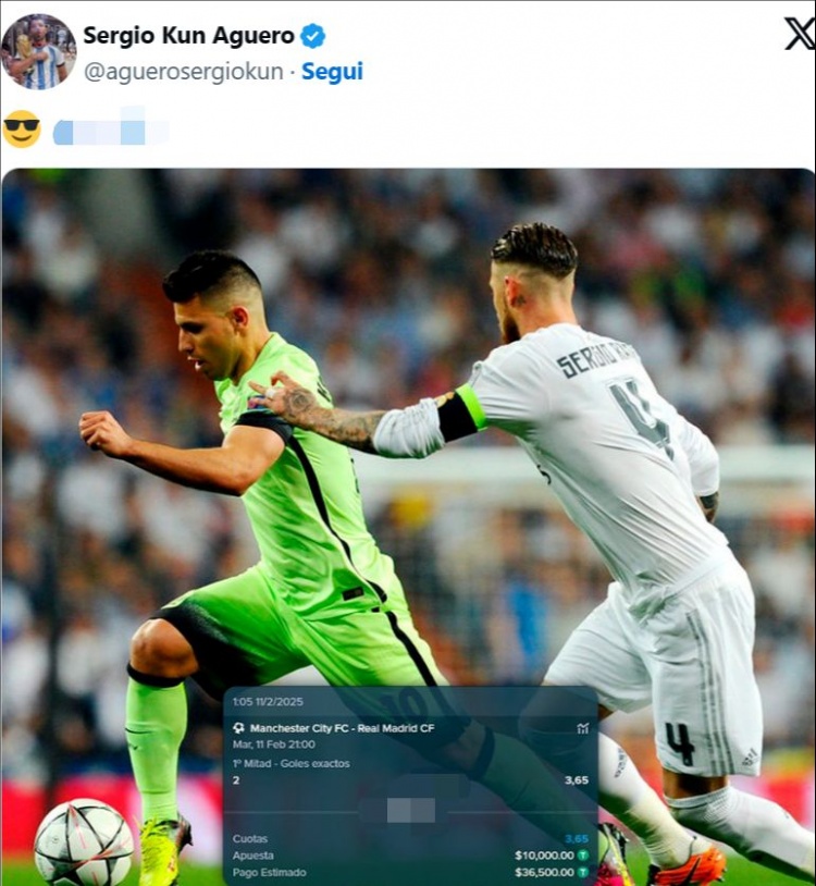  助興！阿圭羅下注曼城vs皇馬上半場(chǎng)2球，最終1-0結(jié)束輸?shù)?萬(wàn)美金