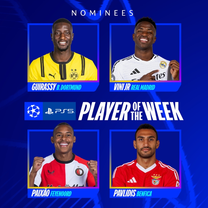  歐冠本周最佳球員候選：吉拉西、派修、帕夫利季斯、維尼修斯入圍