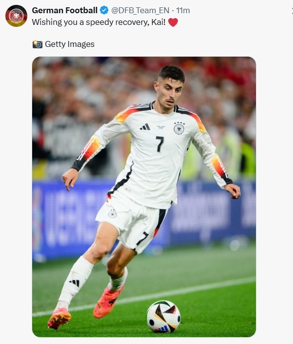  哈弗茨遭遇賽季報銷，德國隊官方送祝福：祝你早日康復，凱！