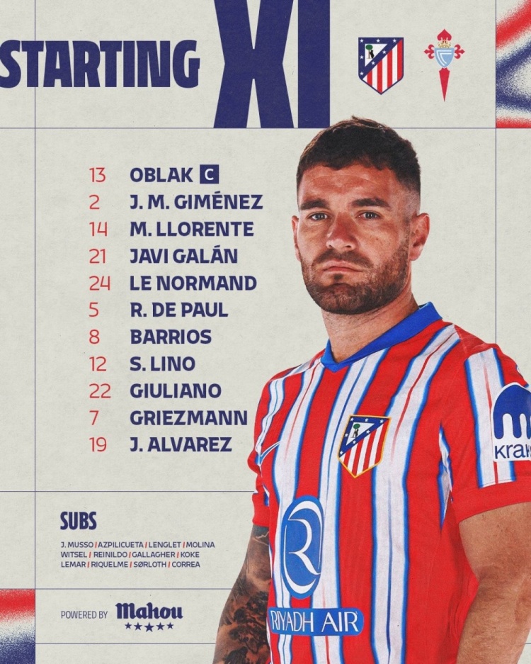  馬競(jìng)對(duì)陣塞爾塔首發(fā)：阿爾瓦雷斯、格列茲曼領(lǐng)銜，小西蒙尼出戰(zhàn)