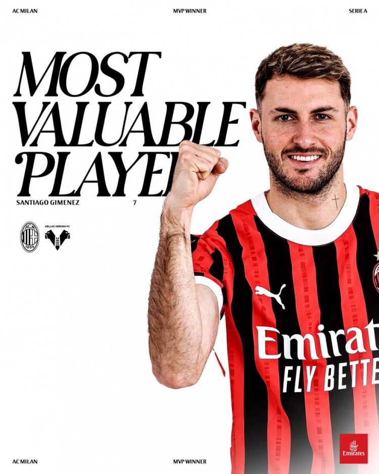  攻入制勝進(jìn)球！希門尼斯當(dāng)選對(duì)陣維羅納一役米蘭隊(duì)內(nèi)最佳球員