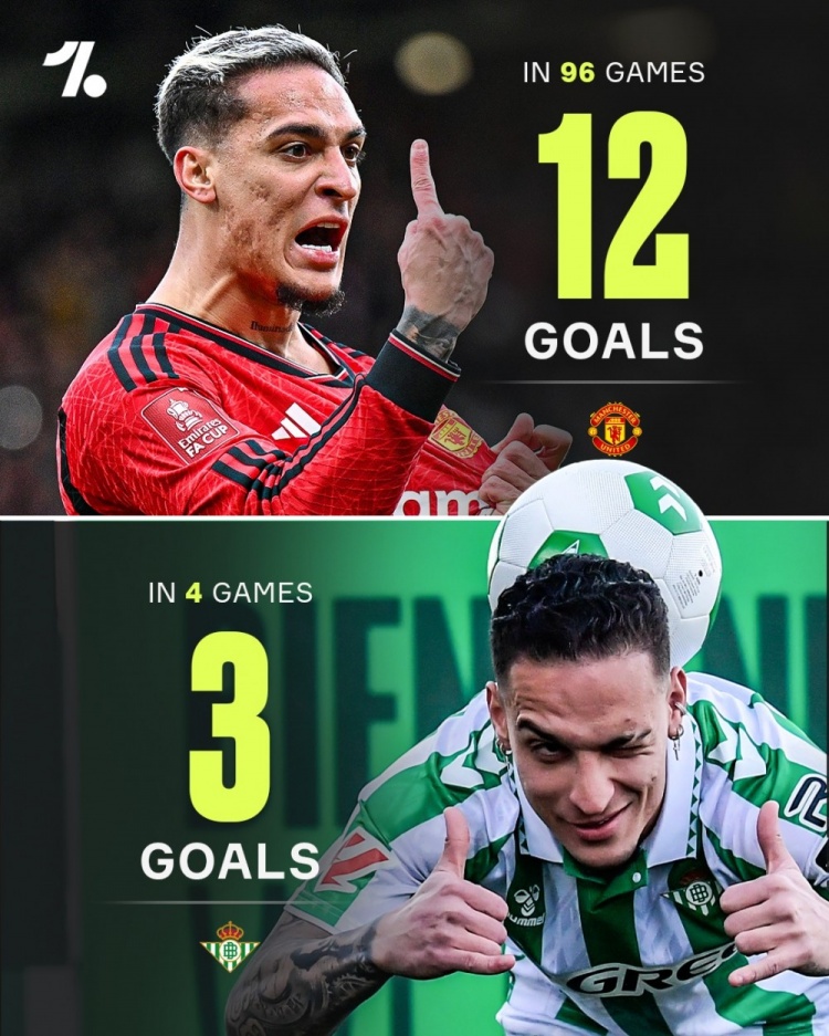  人挪活！安東尼在曼聯(lián)96場(chǎng)12球，加盟貝蒂斯以來(lái)4場(chǎng)進(jìn)3球