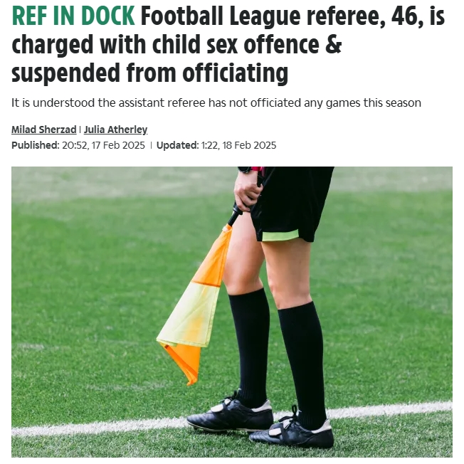  太陽報：46歲前英甲裁判被指控與15歲女孩發(fā)生性關(guān)系，將出庭受審