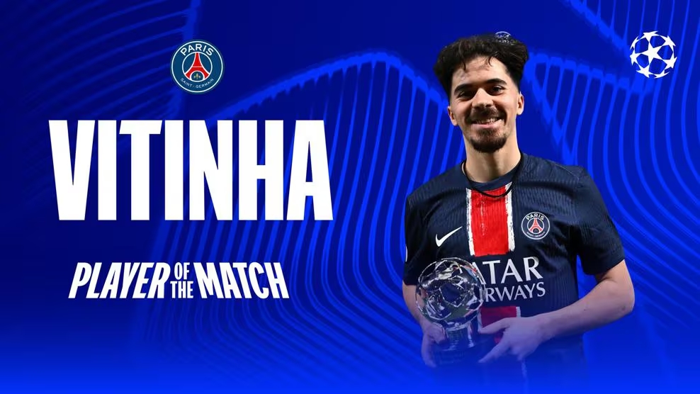  打進(jìn)1球！官方：維蒂尼亞當(dāng)選巴黎7-0布雷斯特全場(chǎng)最佳球員