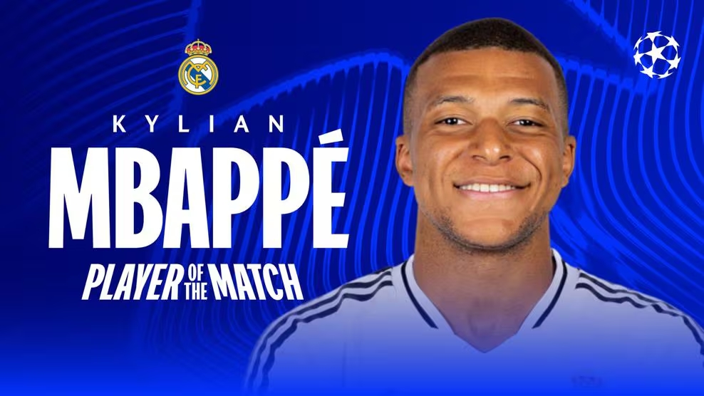  帽子戲法！歐冠官方：姆巴佩當(dāng)選皇馬vs曼城全場最佳