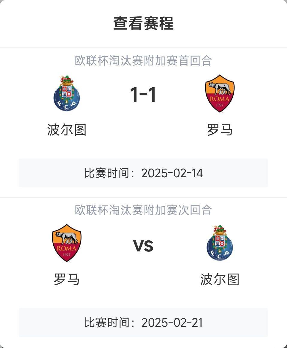  羅馬頂?shù)米幔恳饧讱W戰(zhàn)8隊3隊直通4隊出局，羅馬首回合1-1波爾圖