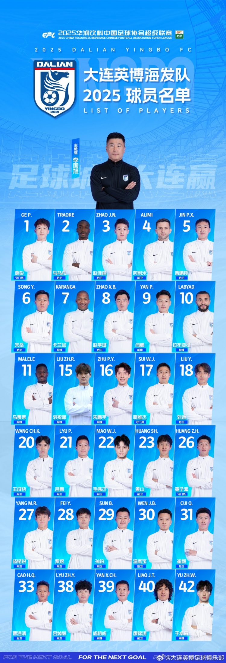  大連英博一線隊名單：10號拉布亞德領(lǐng)銜五外援，共30名球員入選