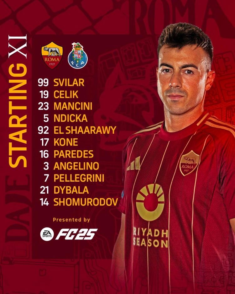  羅馬對陣波爾圖首發(fā)名單：迪巴拉領(lǐng)銜，沙拉維出戰(zhàn)，多夫比克傷缺