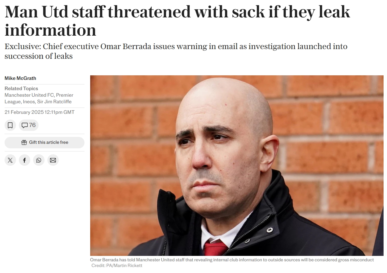  全公司抓內(nèi)鬼！電訊報(bào)獨(dú)家：曼聯(lián)CEO警告員工，泄密者會(huì)被開除
