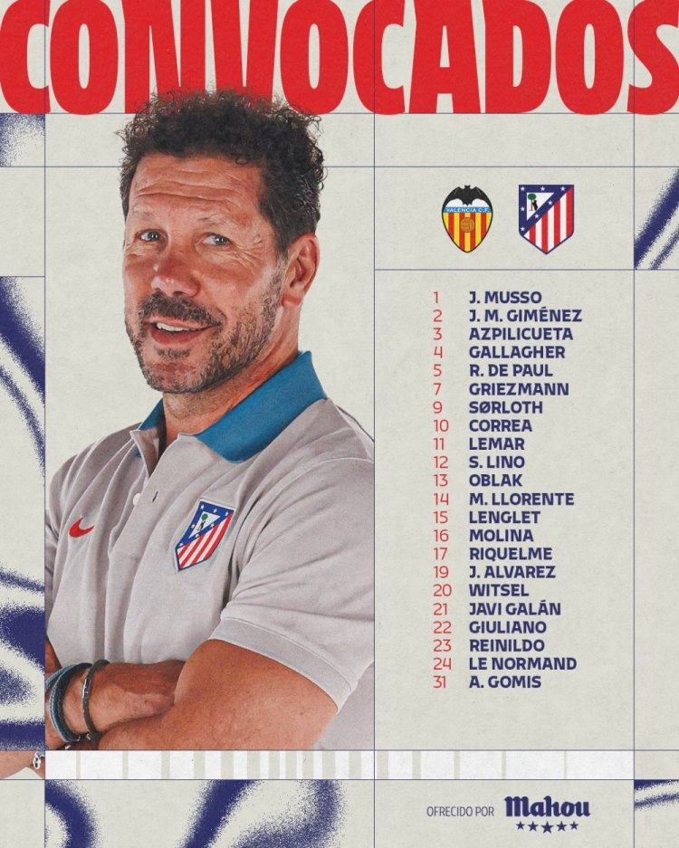  馬競(jìng)戰(zhàn)瓦倫大名單：格列茲曼領(lǐng)銜，巴里奧斯停賽，科克傷缺