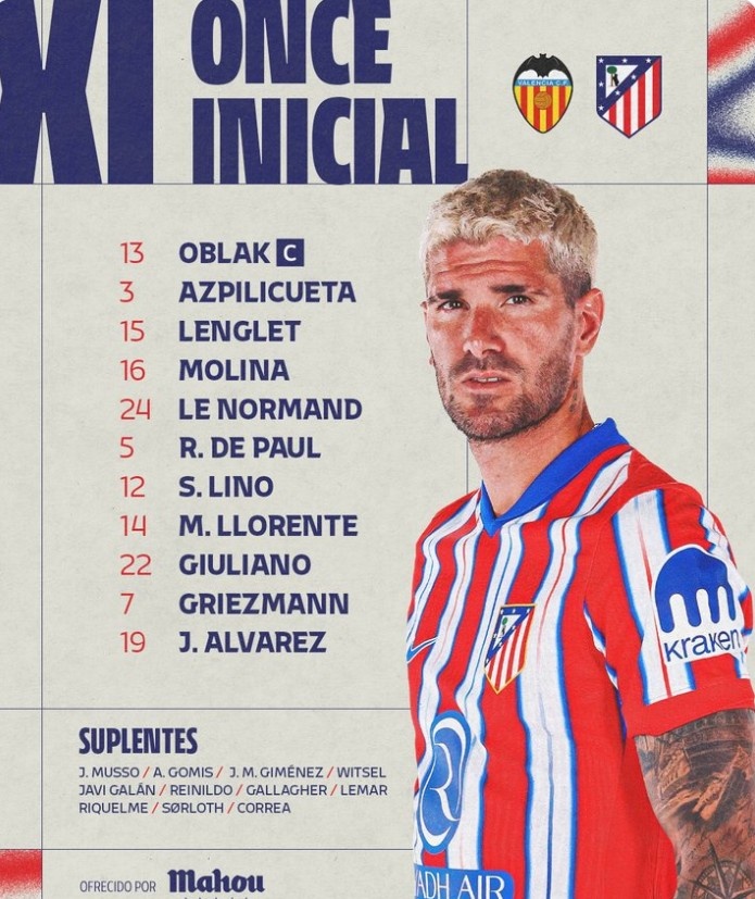  馬競(jìng)客戰(zhàn)瓦倫西亞首發(fā)：格列茲曼領(lǐng)銜，小蜘蛛、小西蒙尼在列