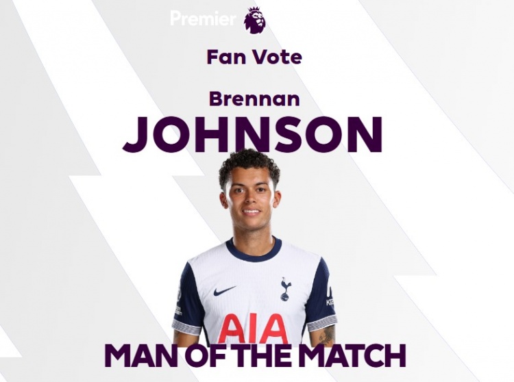  梅開二度！官方：布倫南-約翰遜當(dāng)選熱刺4-1伊普斯維奇全場最佳