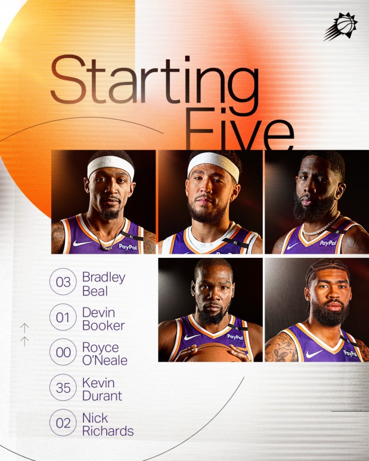  今日對陣猛龍！太陽首發(fā)：比爾、KD、布克、R-奧尼爾、理查茲