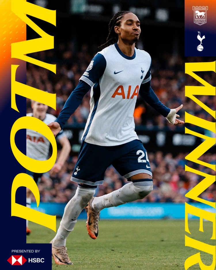  打進1球！熱刺官方：斯賓塞當選4-1伊普斯維奇隊內(nèi)最佳球員