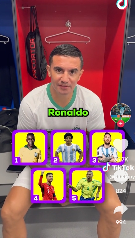  蒂姆-卡希爾選歷史最佳五人：貝利、老馬、梅西、C羅、羅納爾多