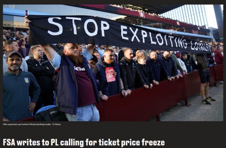  球迷組織FSA：已致信英超，呼吁在2025/26賽季前凍結(jié)聯(lián)賽票價(jià)