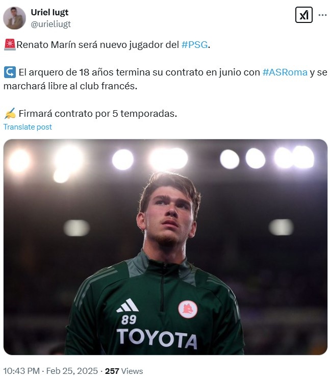  記者：18歲門將馬林今夏自由身離開羅馬，將和巴黎簽約5年合同