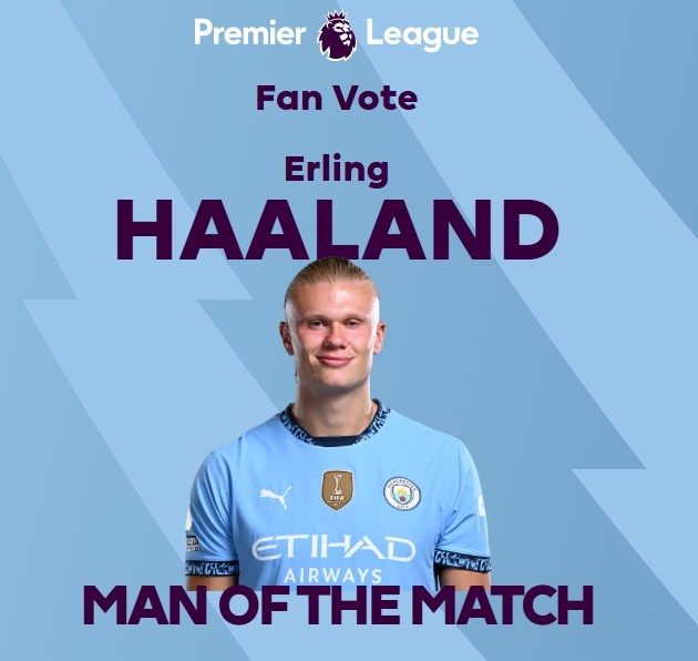  打進(jìn)致勝球！英超官方：哈蘭德當(dāng)選曼城1-0熱刺全場(chǎng)最佳球員