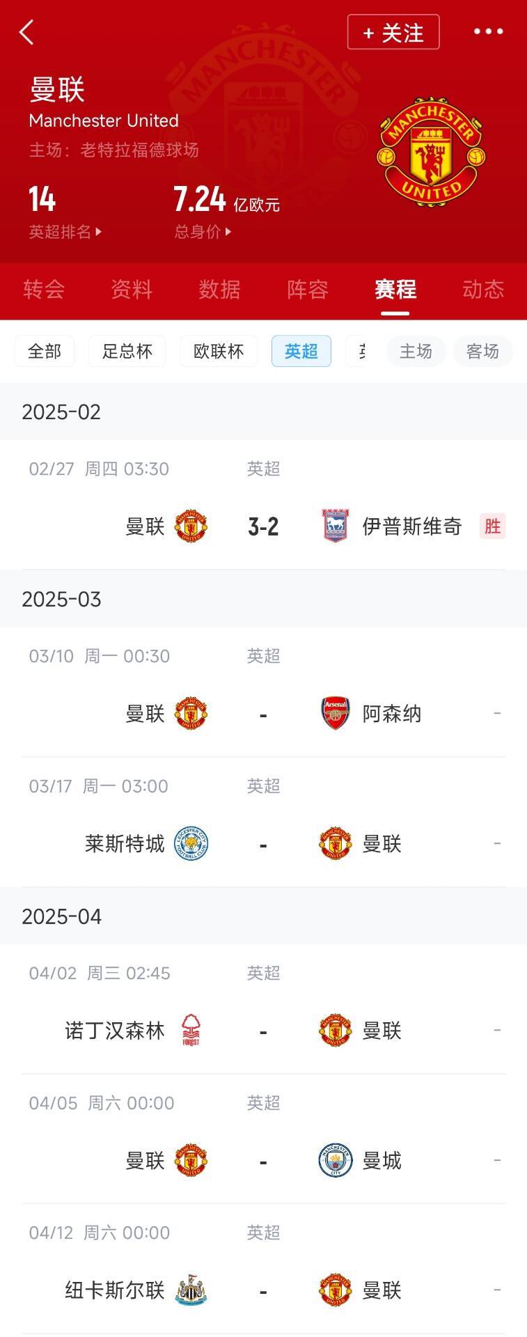  藍(lán)狐救一下？曼聯(lián)未來(lái)5輪將遭遇英超2/3/4/6名：槍手森林曼城紐卡