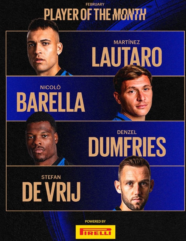  國米官方評二月隊內(nèi)最佳候選：勞塔羅、巴雷拉、鄧弗里斯、德弗里