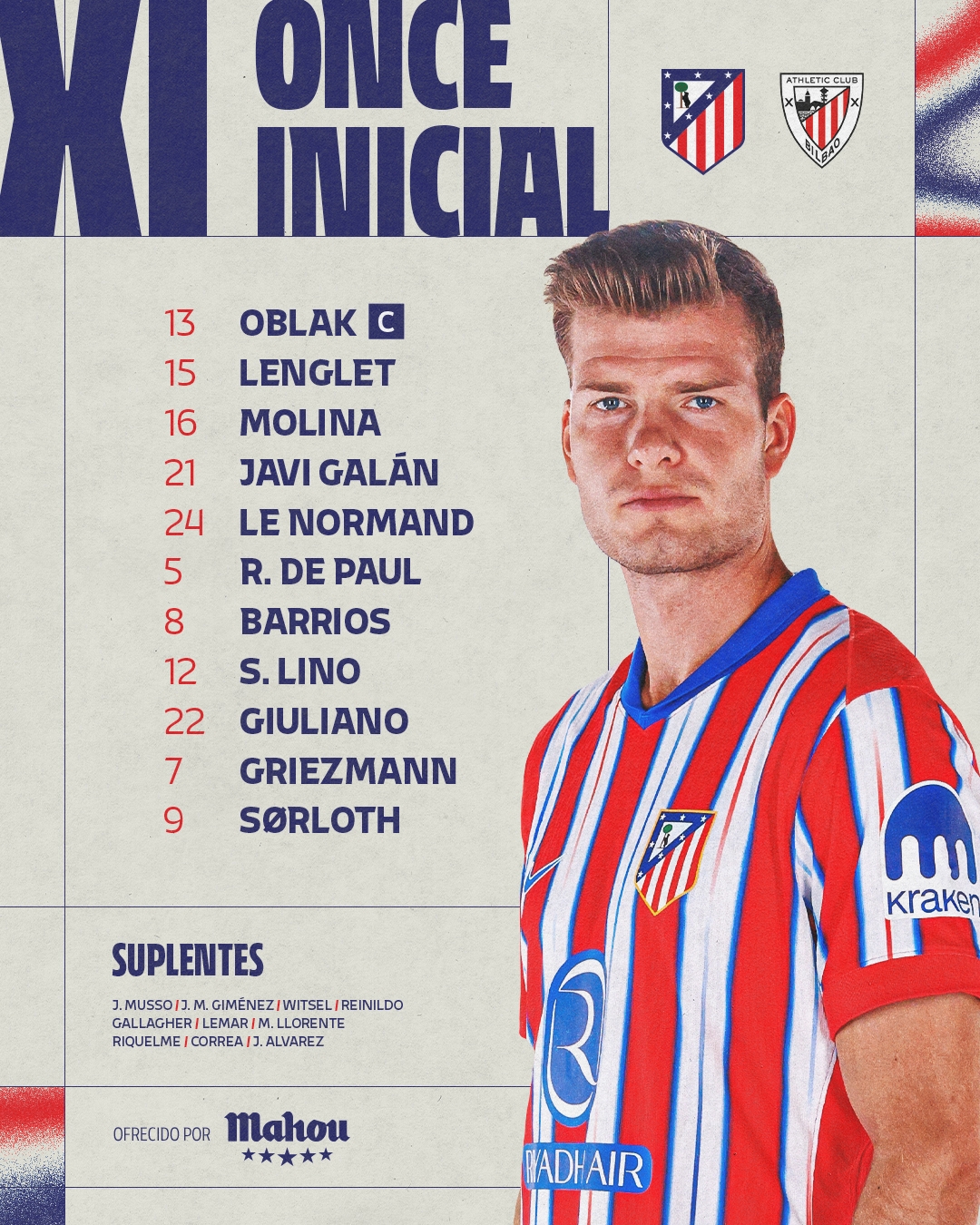  馬競vs畢巴首發(fā)：格列茲曼、索爾洛特領(lǐng)銜，阿爾瓦雷斯替補(bǔ)