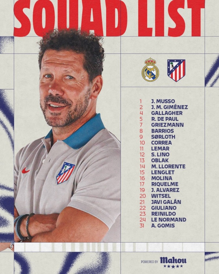  馬競公布戰(zhàn)皇馬名單：小蜘蛛&格列茲曼領(lǐng)銜鋒線，德保羅坐鎮(zhèn)中場