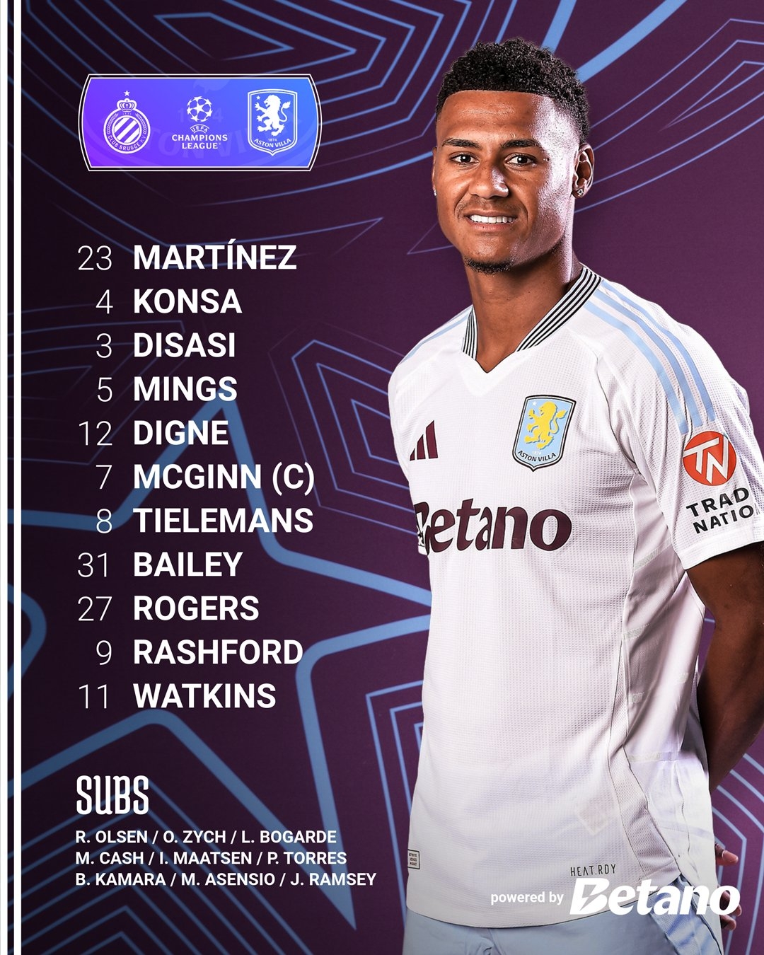  拉師傅出戰(zhàn)歐冠淘汰賽！維拉vs布魯日：拉什福德、沃特金斯先發(fā)