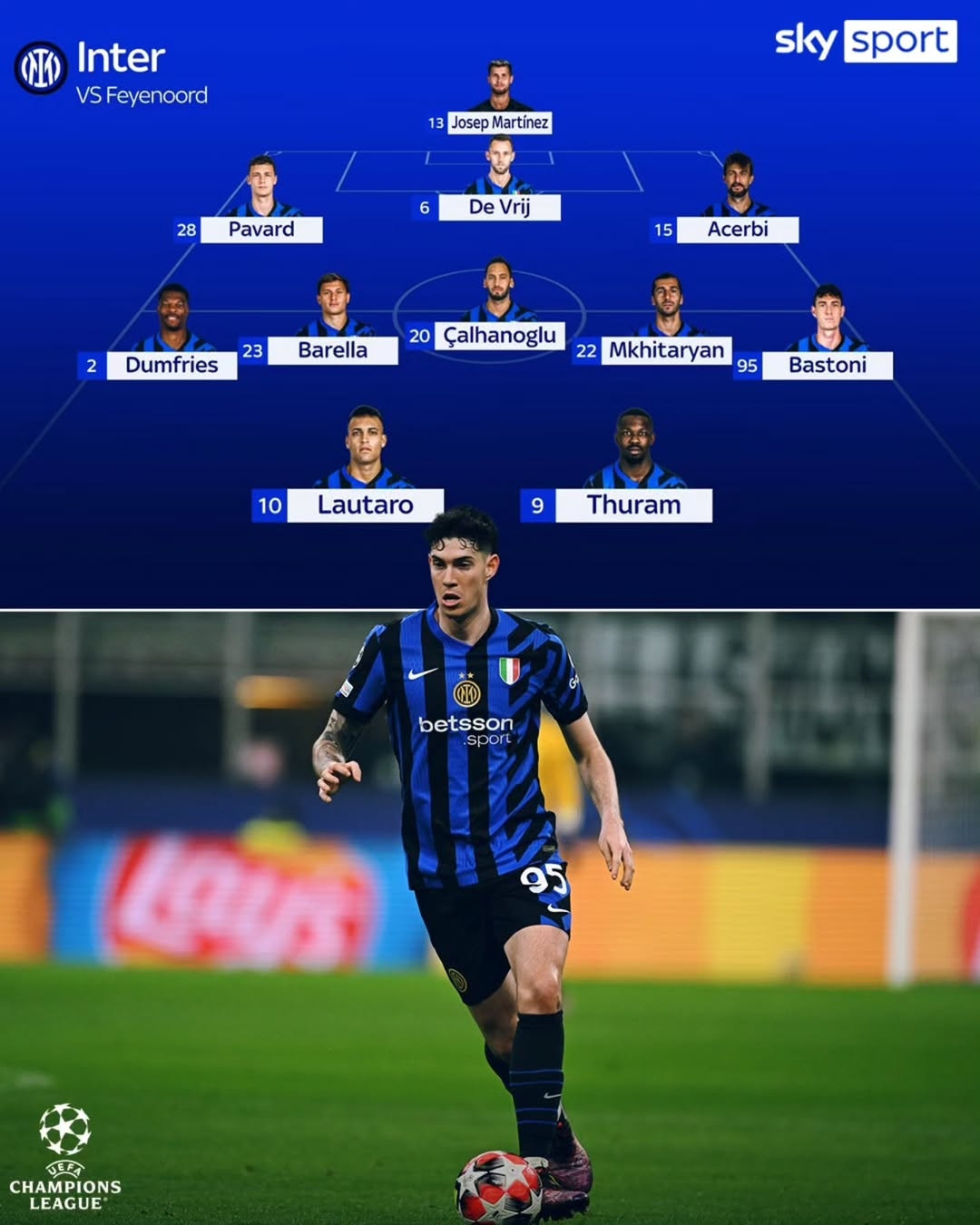  天空預測國米vs費耶諾德首發(fā)：帕瓦爾出戰(zhàn)，巴斯托尼頂替迪馬爾科