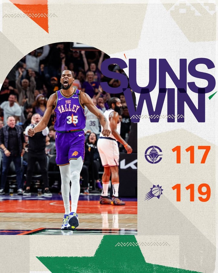  當(dāng)記首功！太陽官方曬贏球海報(bào) 杜蘭特振臂怒吼 哈登成為背景